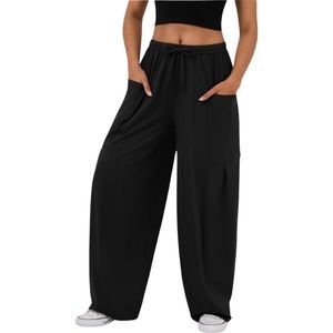 HALARA Mid Rise Elastic Waistband Drawstring Side Pocket Wide Leg Casual Pants